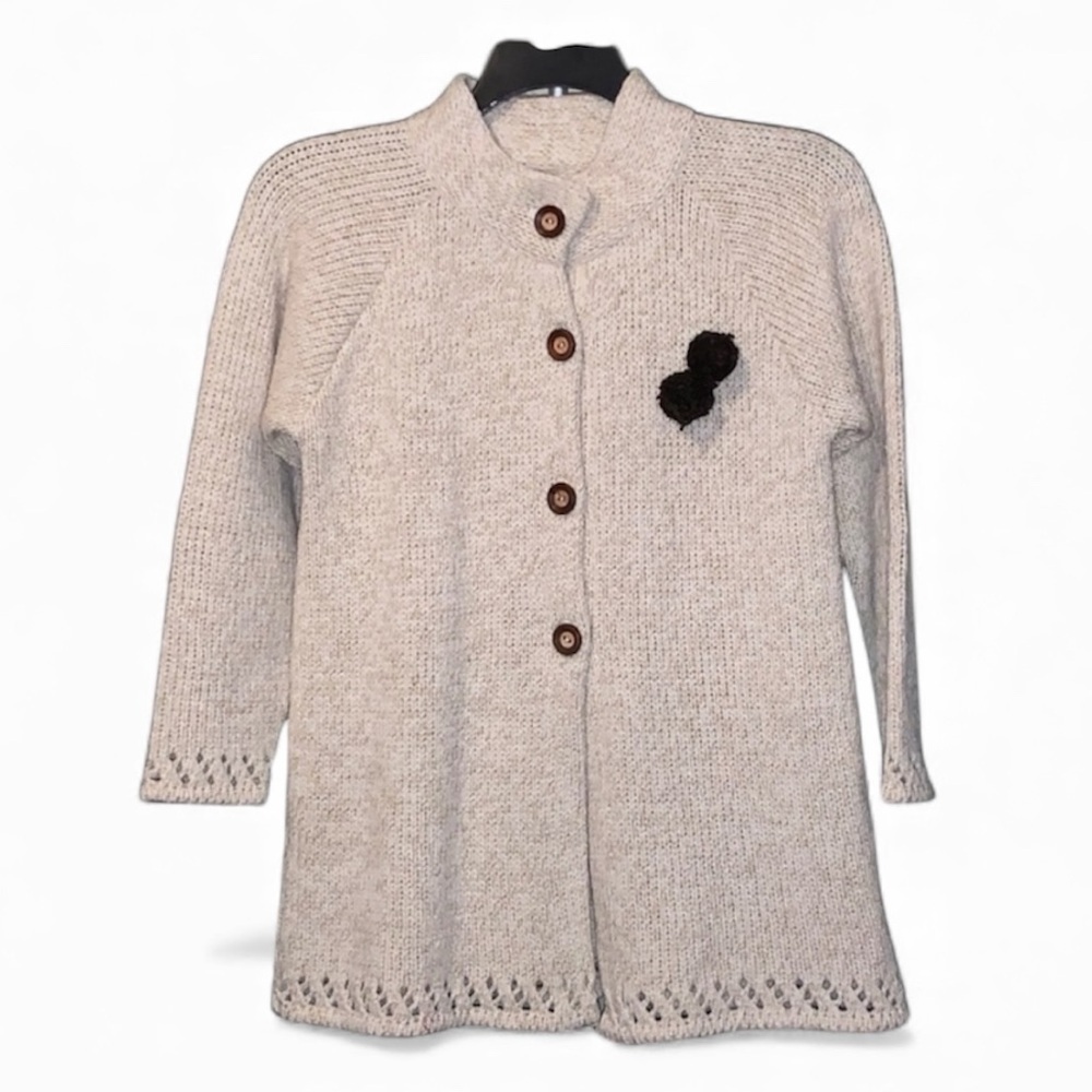 Portuguese Wool Blend Long Sleeve Knit Cardigan Open Diamond Design Hem and Cuff